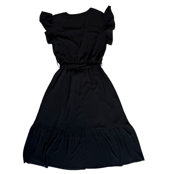Fit  Flare Black Midi Dress Small Flutter Sleeve Mock Wrap Coquette Flirty Flowy - Picture 11 of 16